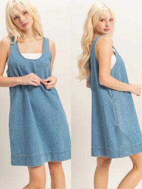 NEW Double Zero Dark Blue Denim Cotton Shift Mini Dress Sleeveless Size Large